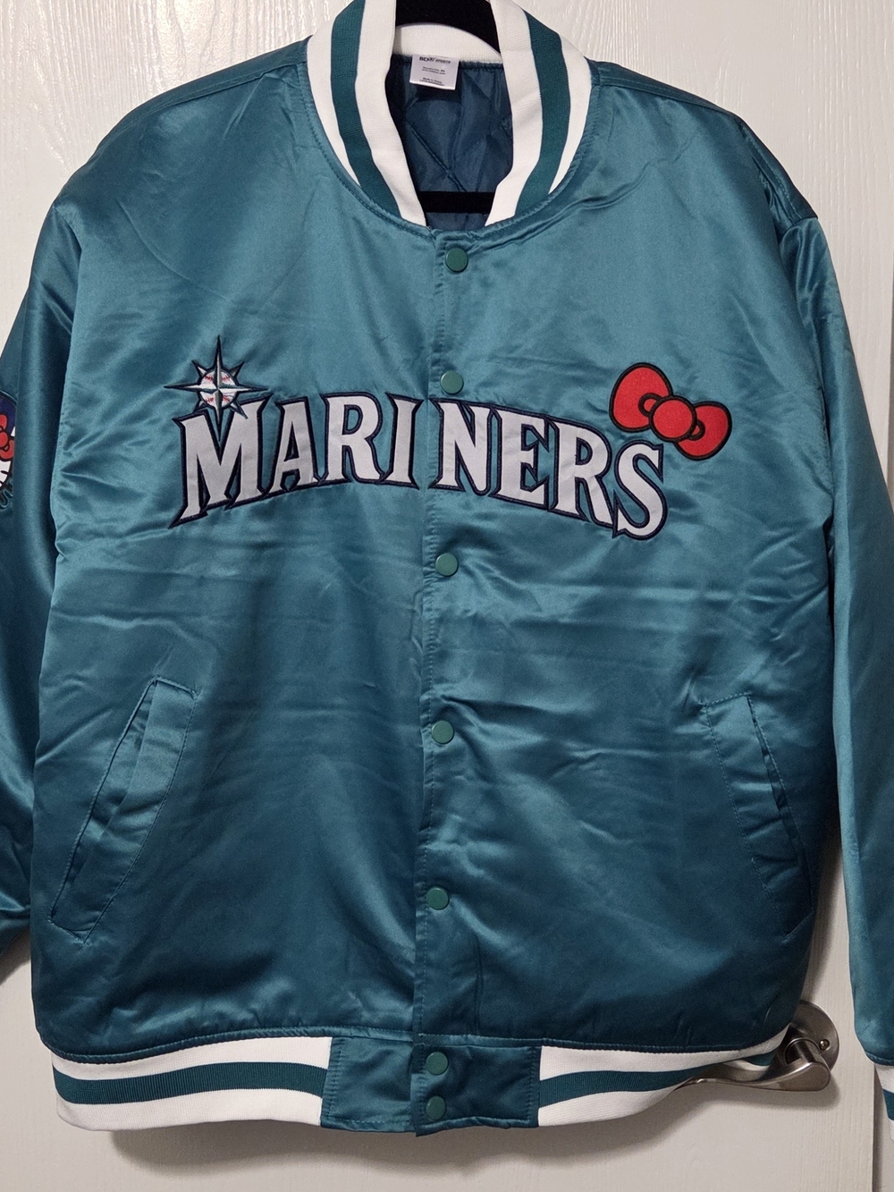 Mariners Teal Satin Kids Bomber Jacket with Hello Kitty Bow